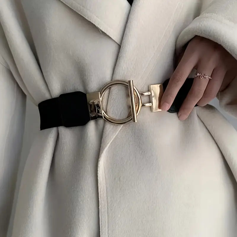 Wide Elastic Waist Belt with Gold Buckle, Black, Medium Width for Women