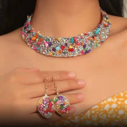 Stunning Rhinestone Necklace Earring Bead Bow Choker Metal Jewelry Kit for Women