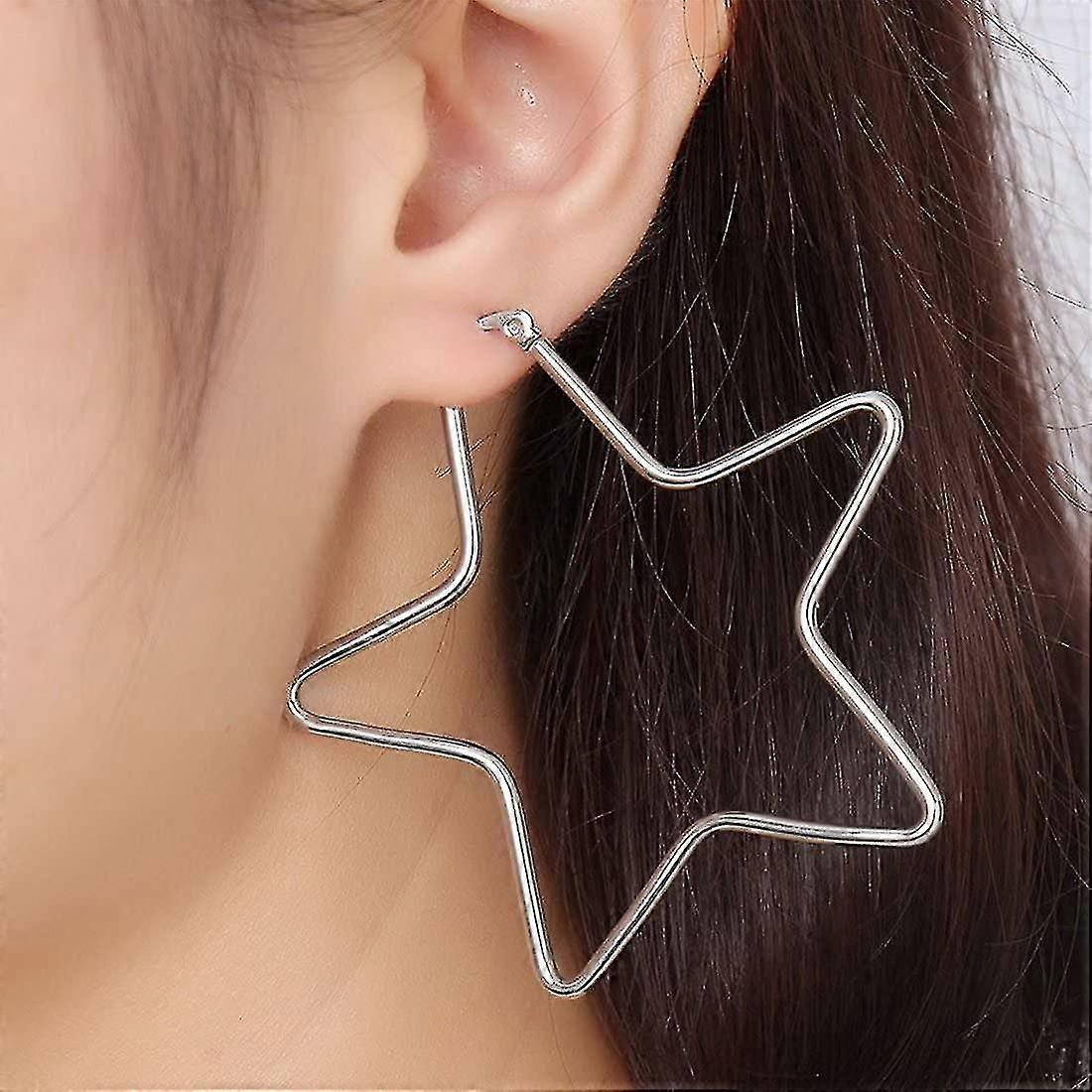 Vnox fashion large star hoop earrings for women stainless steel ear jewelry punk rock