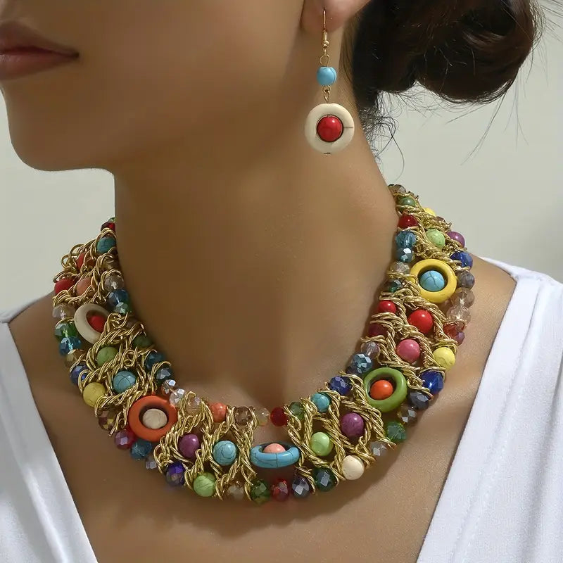 1pc Luxury Bohemian Style Necklace Set With Imitation Crystal Wave Beads & Coffee Color Aluminum Chain, Suitable For Women Wedding, Party, Beach, Holiday