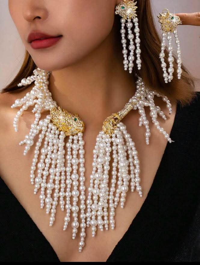 Vintage Lion Head, Lion Tail, Faux Pearl Tassel, Luxurious Necklace, Earrings Suitable For Women's Daily Wear, Gifts, Dance Accessories