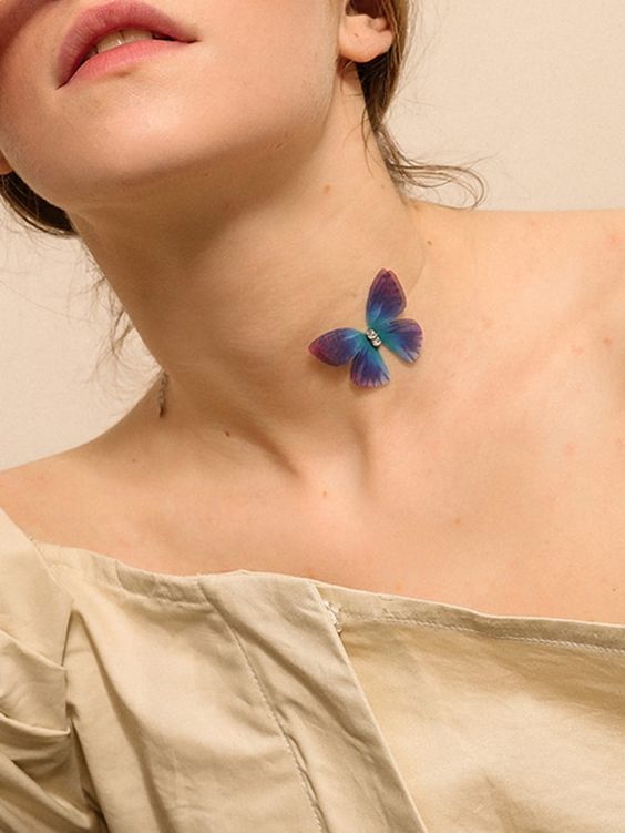 Simple Blue Imitation Butterfly Pendant Necklace for Women, Boho Chain Choker, Summer Beach Party Trendy Jewelry Accessories