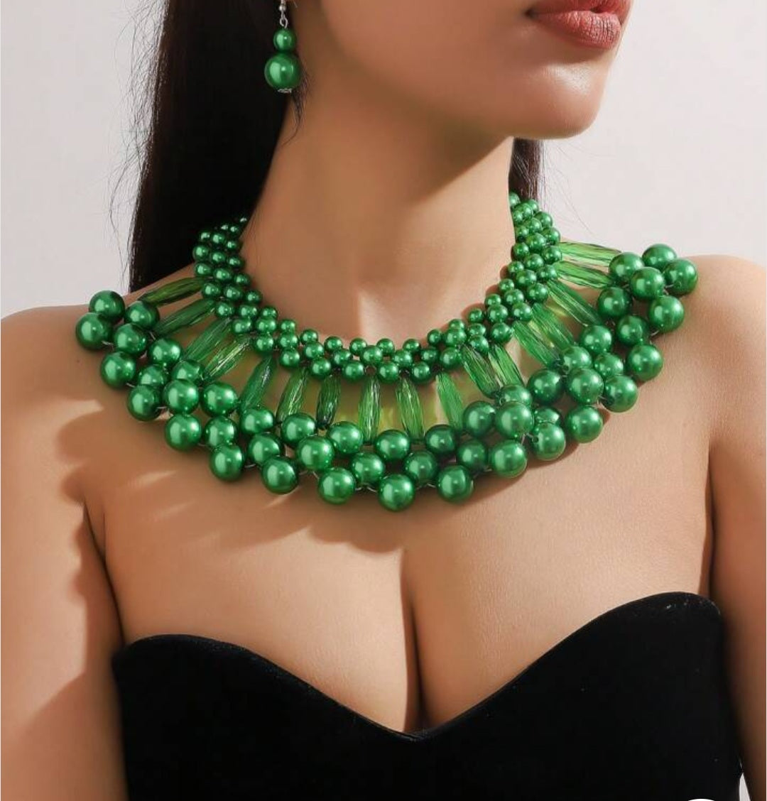 1 Set of Two-Layer Imitation Pearl Jewelry, Blue Necklace and Earrings Set for Party"