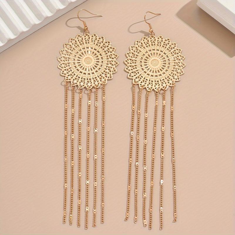 Vintage Golden Geometric Metal Dangle Earrings with Tassel Accents
