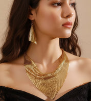 European and American triangle scarf sequined silk scarf gold necklace and earring set,