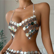Sequin Body Chain Beach Bra Chain Bikini Nightclub Silver Bra Chain Sexy Chest Chain Rave Party Body Accessory for Women and Girls
