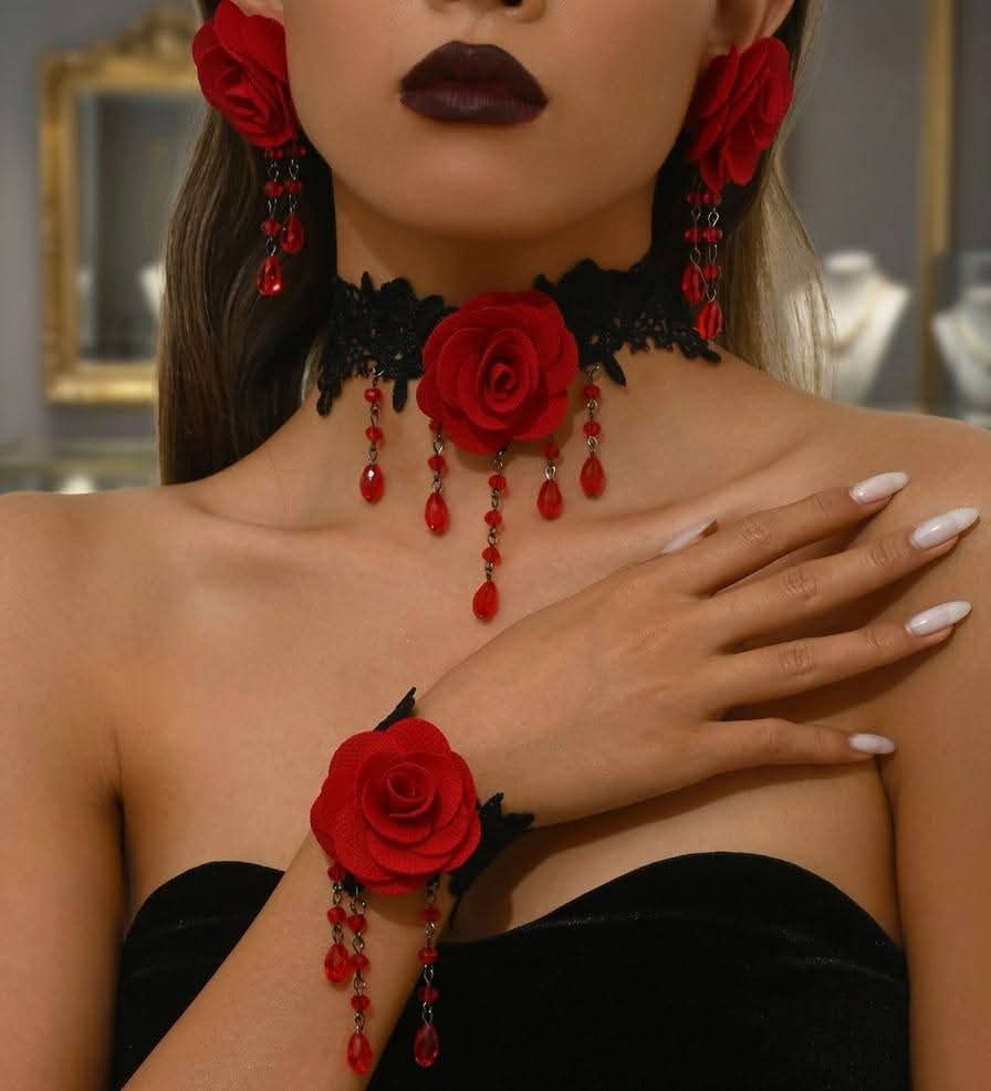 Romantic Red Rose Statement Set with Cascading Beads