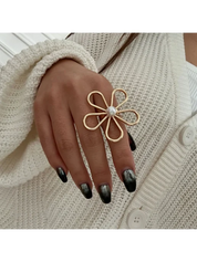 Hollow Flower Opening Ring for Women Large Metal Flower Pearl Adjustable Ring Jewelry Gift