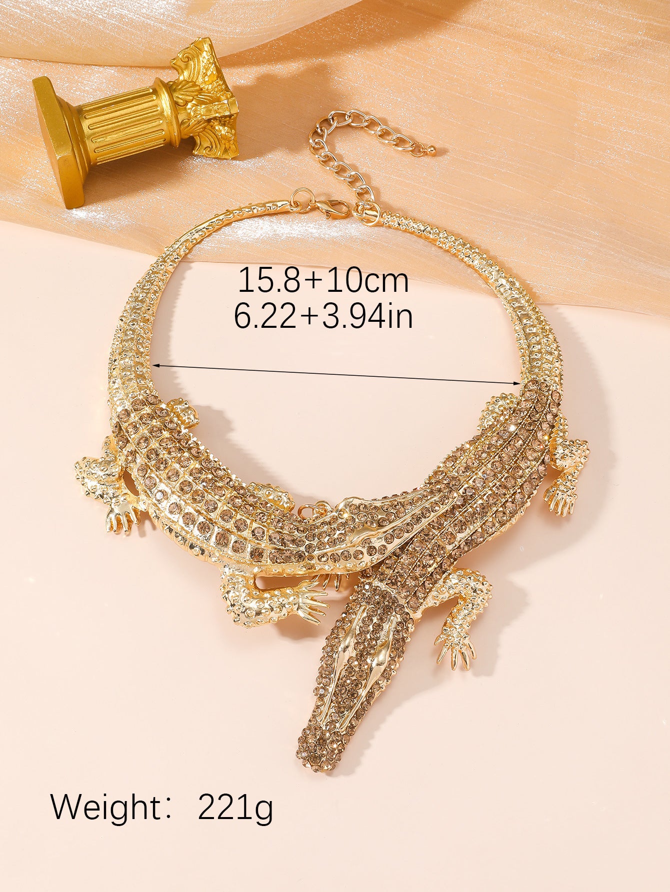 MANILAI Large Crocodile Necklace, Fully Rhinestone Inlaid, Women’s Statement Jewelry, Alloy Torque Choker Bib Collar Maxi Necklace