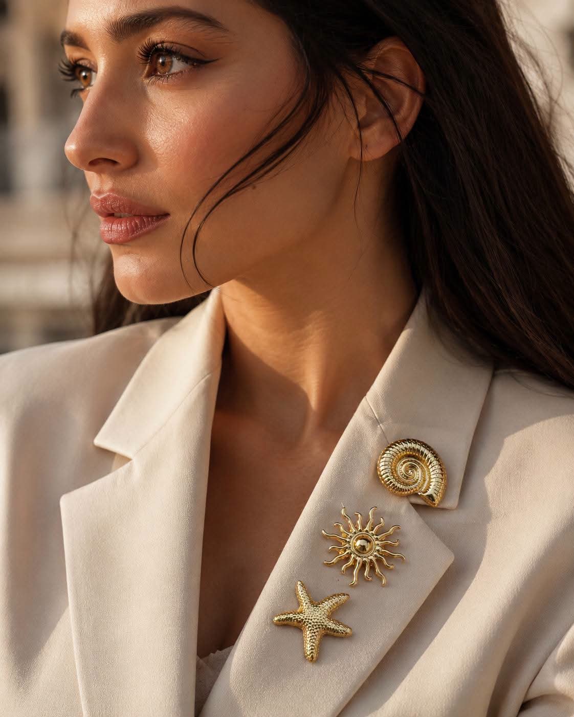 Gold-Tone Brooch Set, Nautical Theme, Seashell, Starfish and Sun Designs, Set of 3