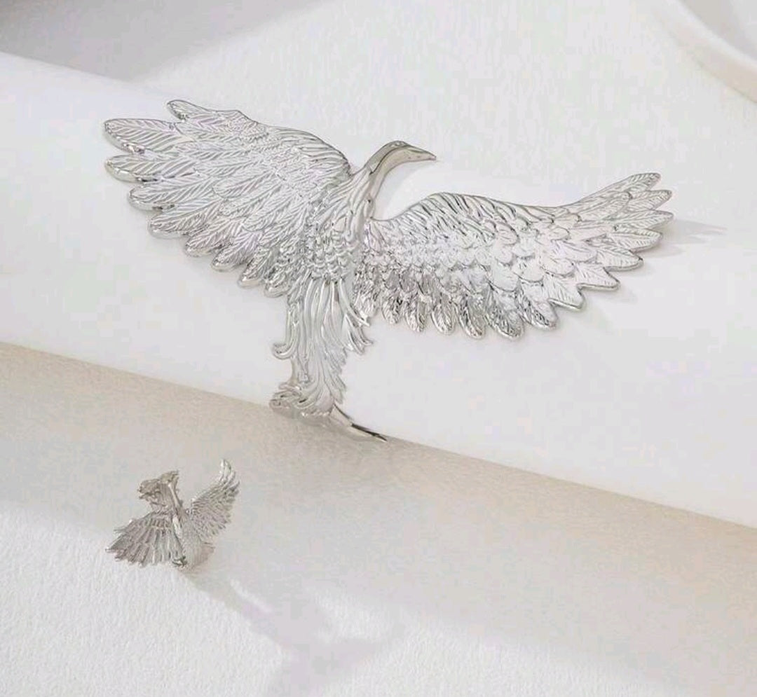 2pcs/Set Phoenix Charm Exaggerated Personalized Cuff Bracelet & Ring Set, European & American Style