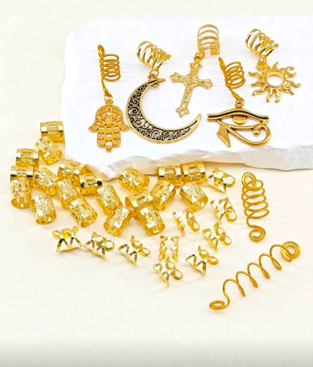 27PCS Gold Hair Jewelry for Braids Loc Jewelry Cross Braid Clips Multi Style Loc Dreadlock Beads Sprial Hair Decoration Metal Hair Cuffs Rings Braid Accessories for Women and Mens