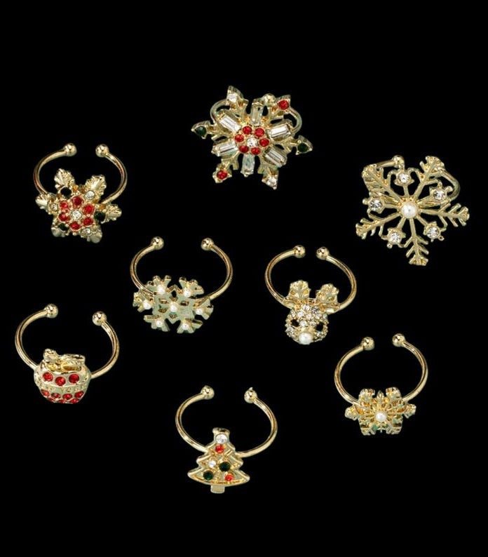 8pcs/Set Christmas Snowflake Deer Rhinestone Rings, Holiday Jewelry Gifts