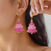 2pcs Cute Rhinestone Studded Pink Christmas Tree Pendant Earrings, Christmas Gift, Suitable For Women To Wear On Christmas, Holidays, And Parties