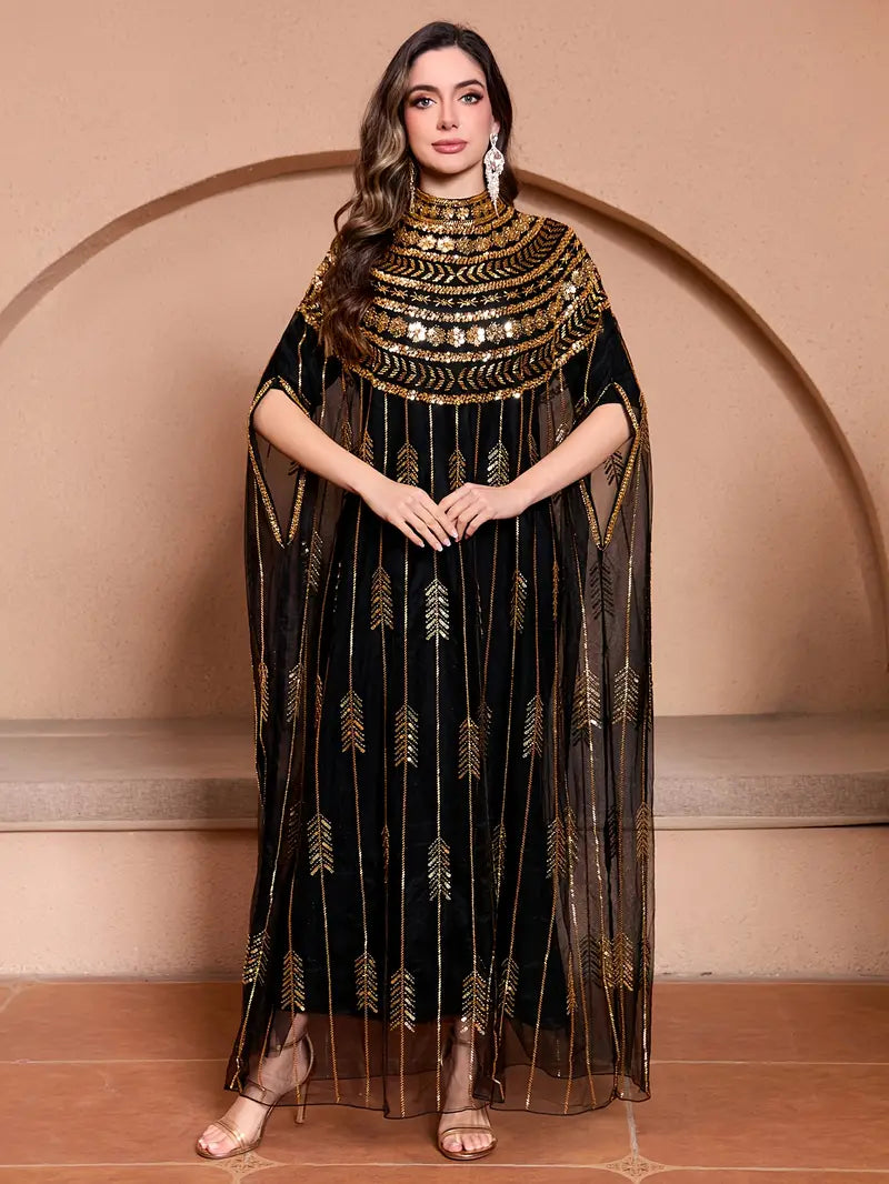 Black & Gold Embellished Cape Maxi Dress