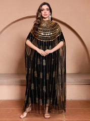 Black & Gold Embellished Cape Maxi Dress