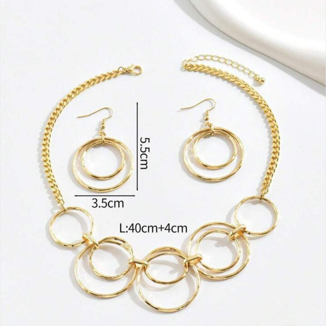 Gold Double-Loop Necklace Set for Women Loop Chain Link Choker Necklace and Dangle Loop Earrings Statement Jewelry Set