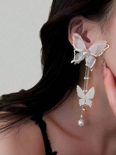 White Butterfly Dangle Earrings with Long Tassels – Chic & Elegant Style
