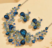 Jewelry set: 3-piece necklace, lake blue floral design, rhinestones, evening party accessories, bridal jewelry.