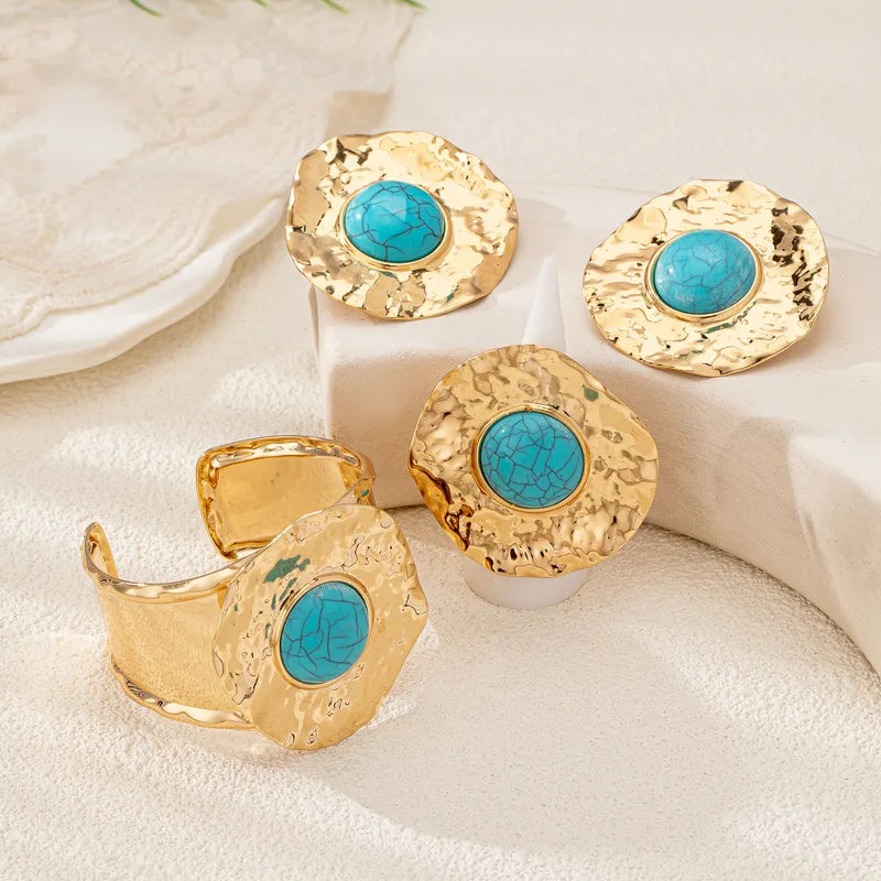 Glam Vintage Style Round Alloy Inlay Turquoise Women's Jewelry Set