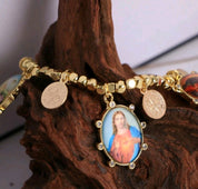 1pc,  Virgin Mary Jesus And Baby Necklace Oval Shape Glass Cabochon Photo Dome Long Cord Choker Collar Christian Jewelry