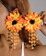 SHEIN imoli 1 Pair Bohemian Vintage Polyester Flower & Sunflower Pendant Beaded Earrings