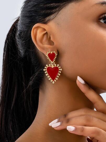 1 Pair Charming Simple Sweet Cute Punk Style European And American Metal Alloy Red Enamel Heart Drop Earrings, Suitable For Ladies Daily Wear, Socializing, Parties, PR, Valentine's Day Necklace, Couple Gift, Girlfriend Gift,Mom,Mother,Mother's Day,Gift