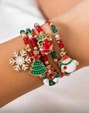 5pcs/Set Christmas Red & Green Glass Beads Bracelet, Handmade With Santa Claus, Snowman, Snowflake Pendant, Festive Jewelry Gift For Women