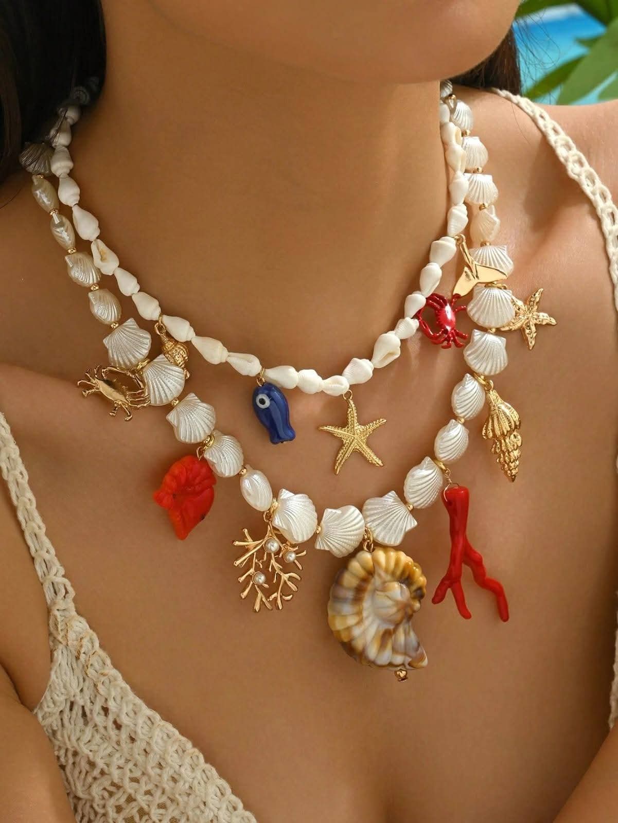 Coastal Luxury: Multi-Layered Marine Charm Statement Necklace