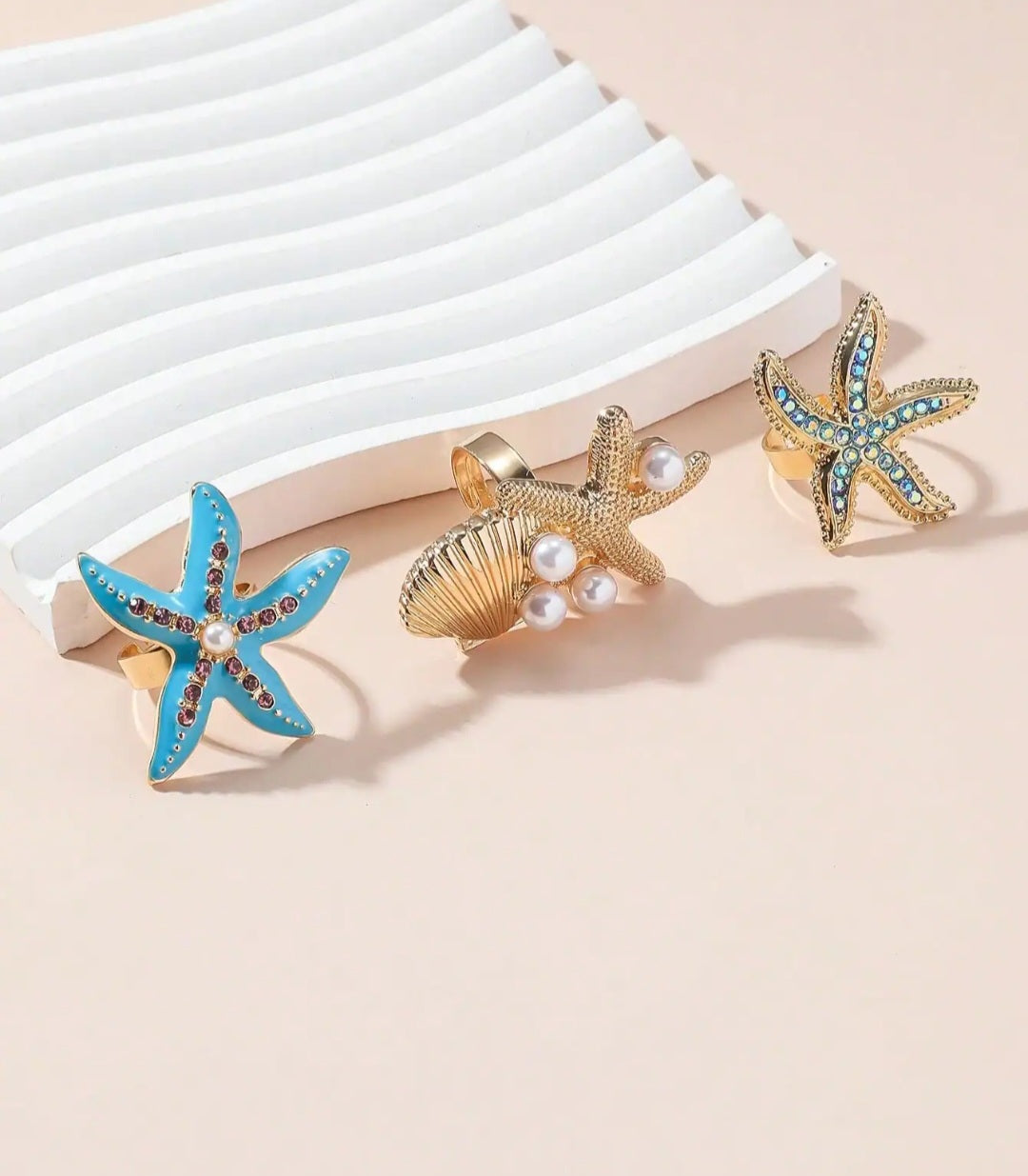 SHEIN Beach Holiday Style Shiny Rhinestone & Pearl Seashell Open Ring