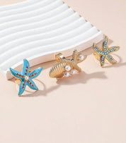SHEIN Beach Holiday Style Shiny Rhinestone & Pearl Seashell Open Ring