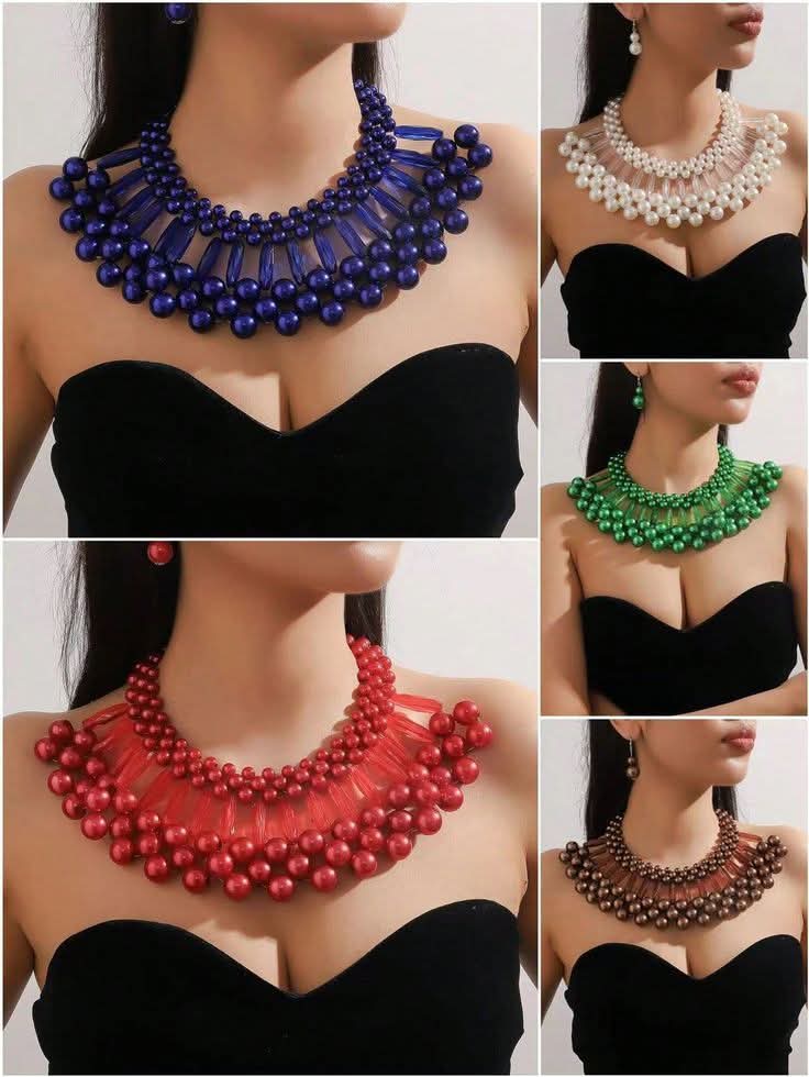 1 Set of Two-Layer Imitation Pearl Jewelry, Blue Necklace and Earrings Set for Party"