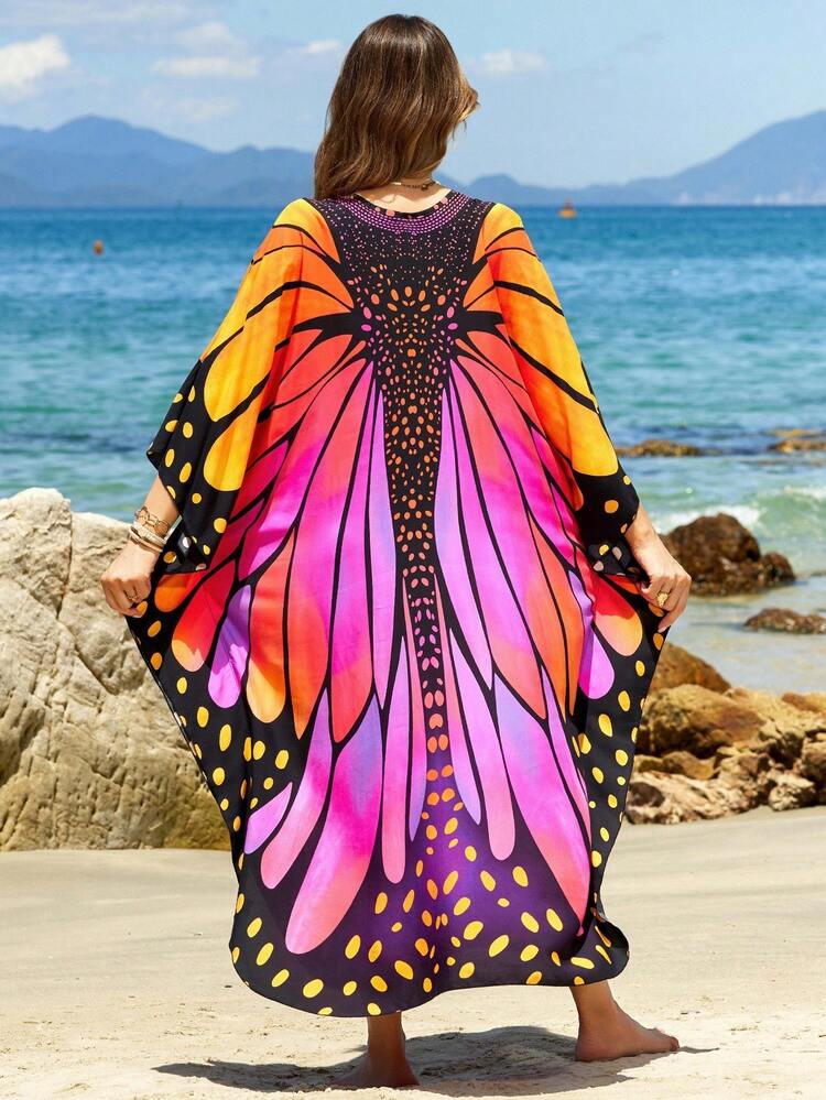 Butterfly Print Boho Maxi Kaftan Dress