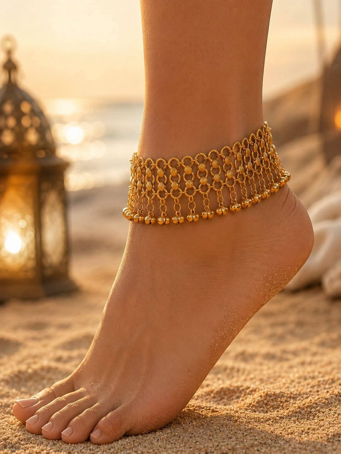 Boho-Chic Multi-Layered Gold Mesh Anklet with Dangling Ghungroo Bells