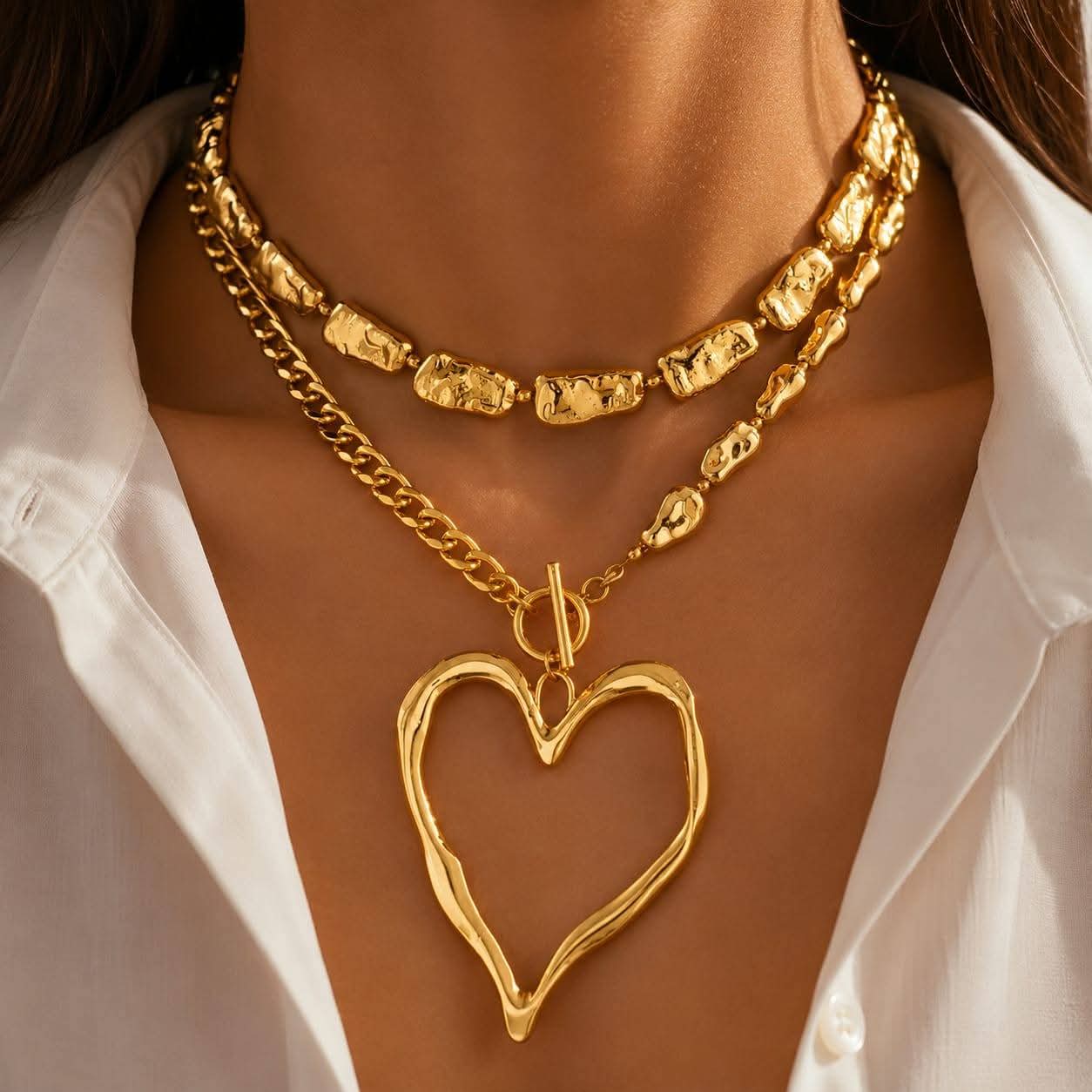 Chic Layered Gold Textured Chain Necklace with Abstract Open Heart Pendant