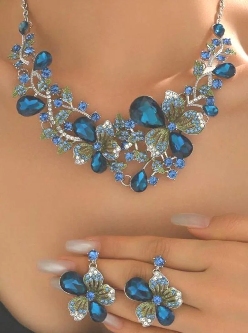 Jewelry set: 3-piece necklace, lake blue floral design, rhinestones, evening party accessories, bridal jewelry.