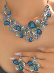 Jewelry set: 3-piece necklace, lake blue floral design, rhinestones, evening party accessories, bridal jewelry.