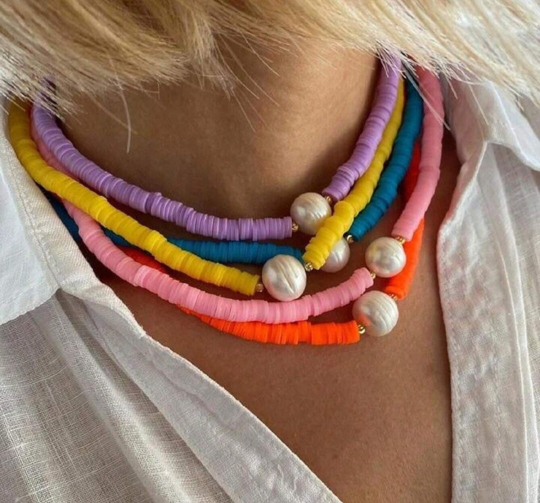 Colorful Soft Clay Necklace, Pearl Necklace BY SHEIN