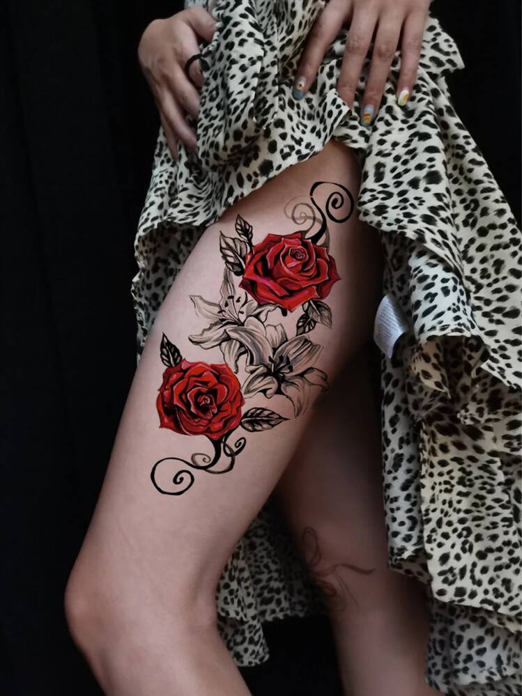 1pc Temporary Rose Tattoo Sticker, Sexy Rose Fake Tattoo for Women, Waterproof Arm & Leg Tattoo Decal, Single-Use Body Art Sticker