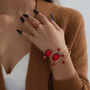 French Gemstone Rhinestone Round Line Wrapped Geometric Bracelet Ring Set Opening Adjustment