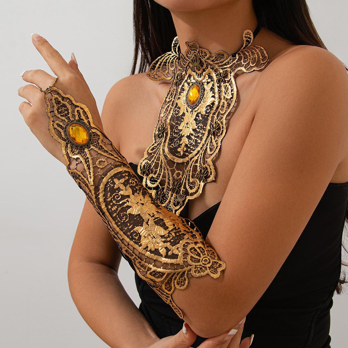 Retro Lace Necklace with Irregular Gemstone Inlays