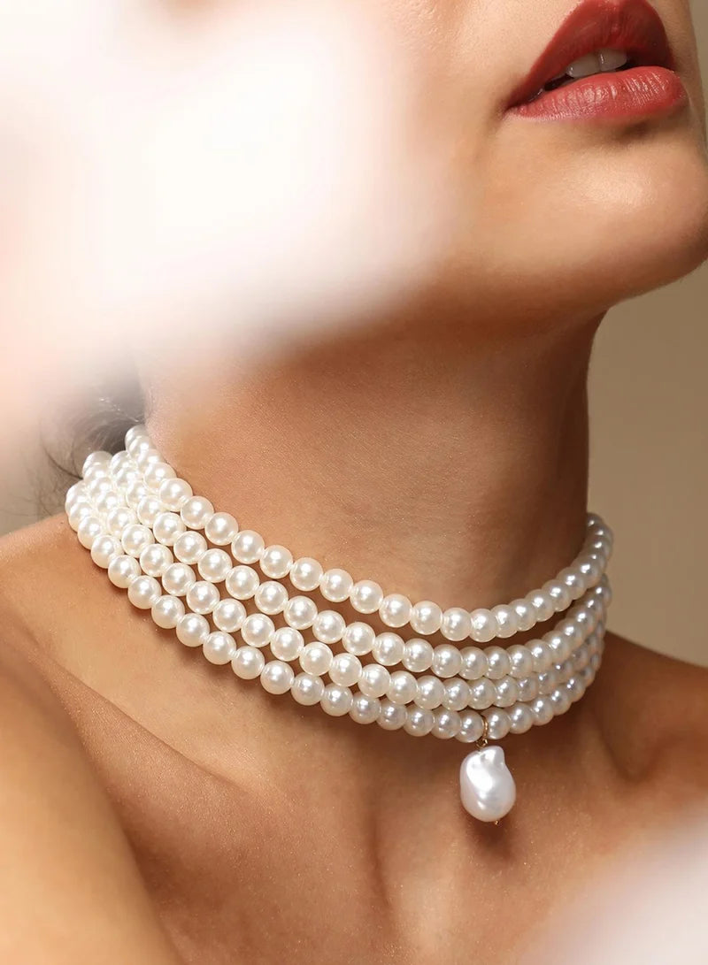 Daimay Multi-Layer Pearl Necklace - Multi-Strand Statement Bridal Choker for Wedding Party - 20s Flapper Style - Round L Size