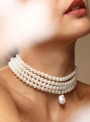 Daimay Multi-Layer Pearl Necklace - Multi-Strand Statement Bridal Choker for Wedding Party - 20s Flapper Style - Round L Size