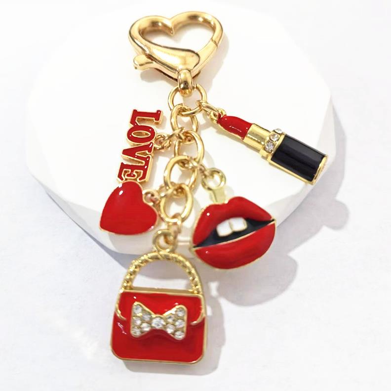 Kiss Charm Red Lipstick Chic Keychain for Women Stylish Fashion Purse Charm with Love Heart Lips & Bag Key Ring