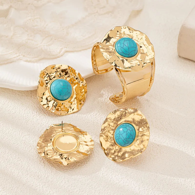Glam Vintage Style Round Alloy Inlay Turquoise Women's Jewelry Set