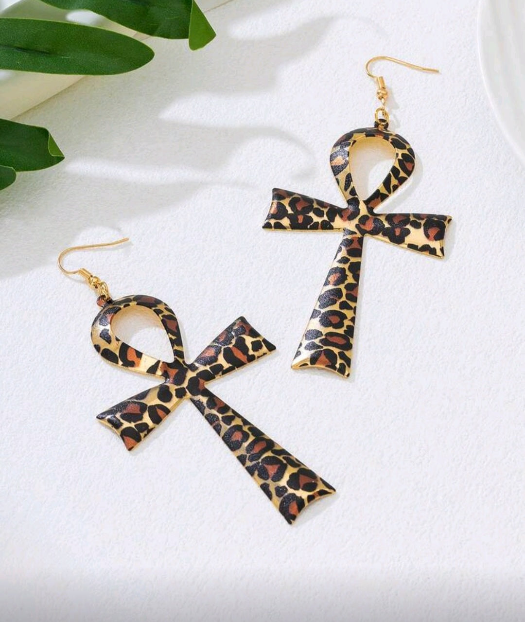 Leopard ankh earrings
