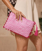 SHEIN VCAY Women’s Versatile Bohemian Casual Vacation Beach Diamond Pattern Fuchsia Tassel Pompom Clutch Bag