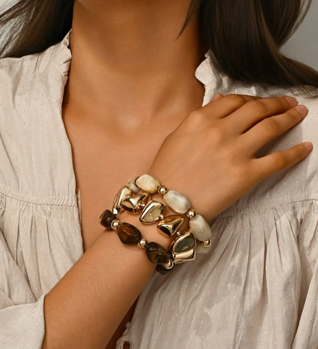 3pcs Vintage Multi-Layer Brown Acrylic Beaded Bracelet