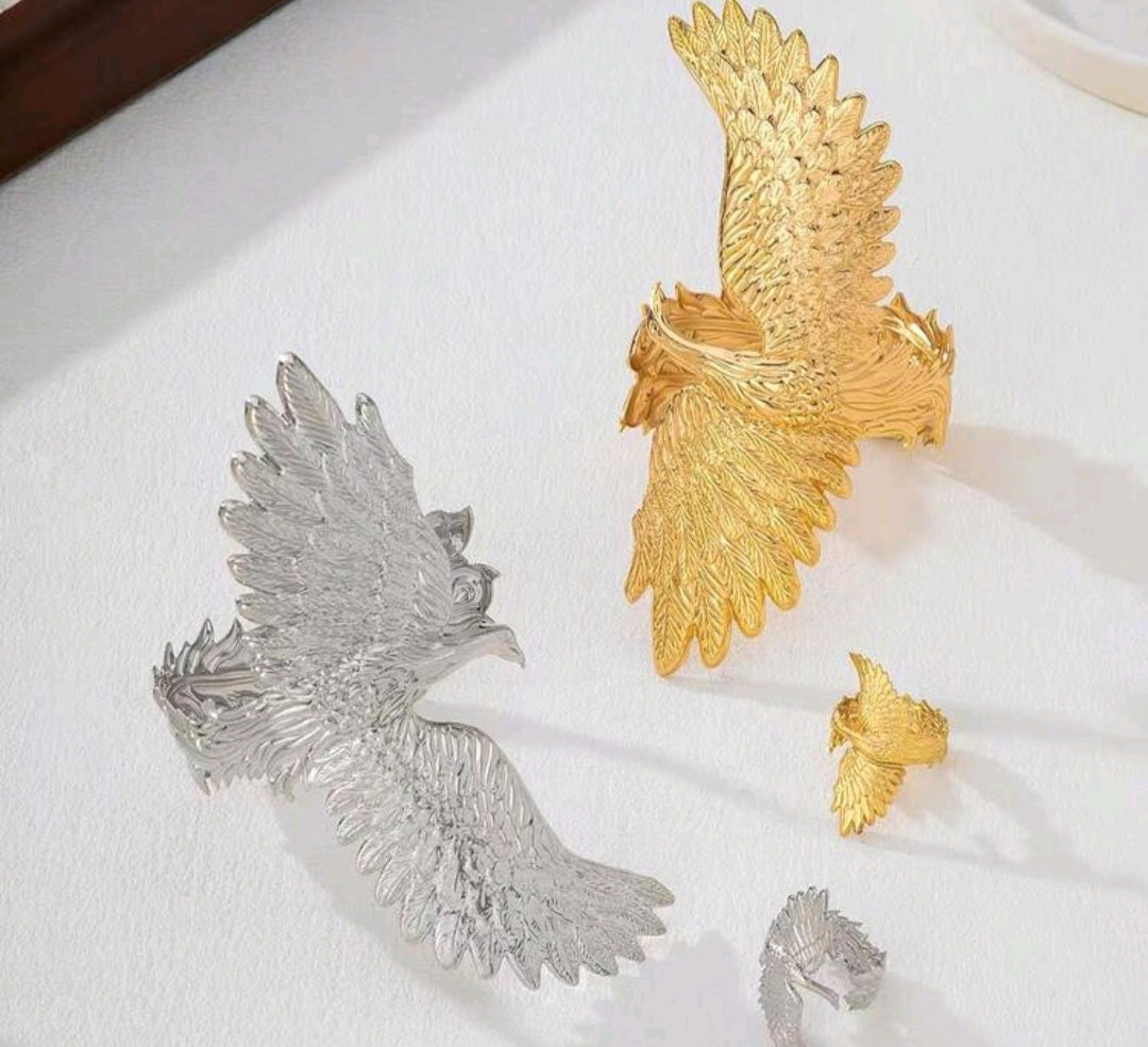 2pcs/Set Phoenix Charm Exaggerated Personalized Cuff Bracelet & Ring Set, European & American Style