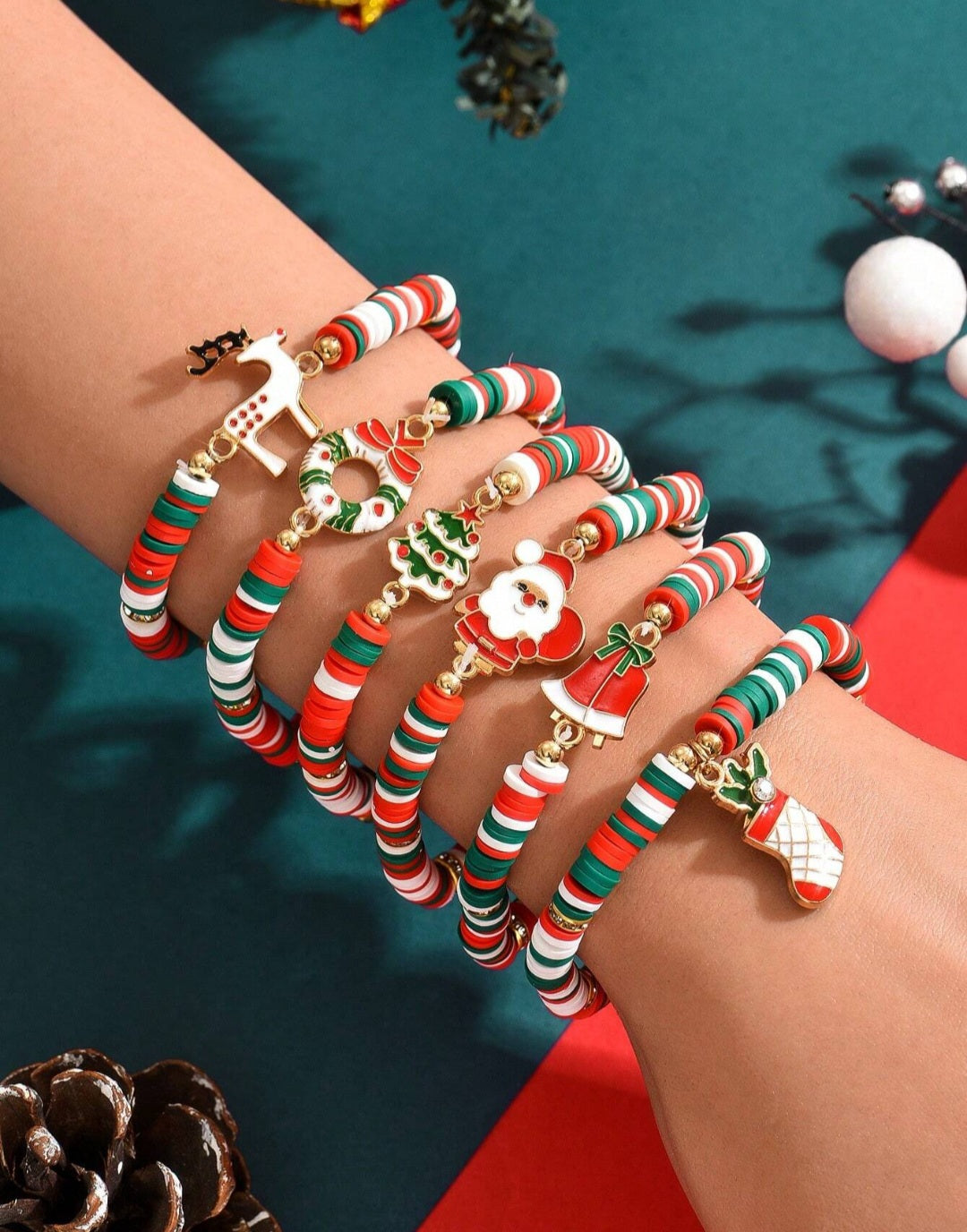 6pcs/Set Reindeer, Santa Claus, Christmas Tree Soft Ceramic Decorative Bracelet